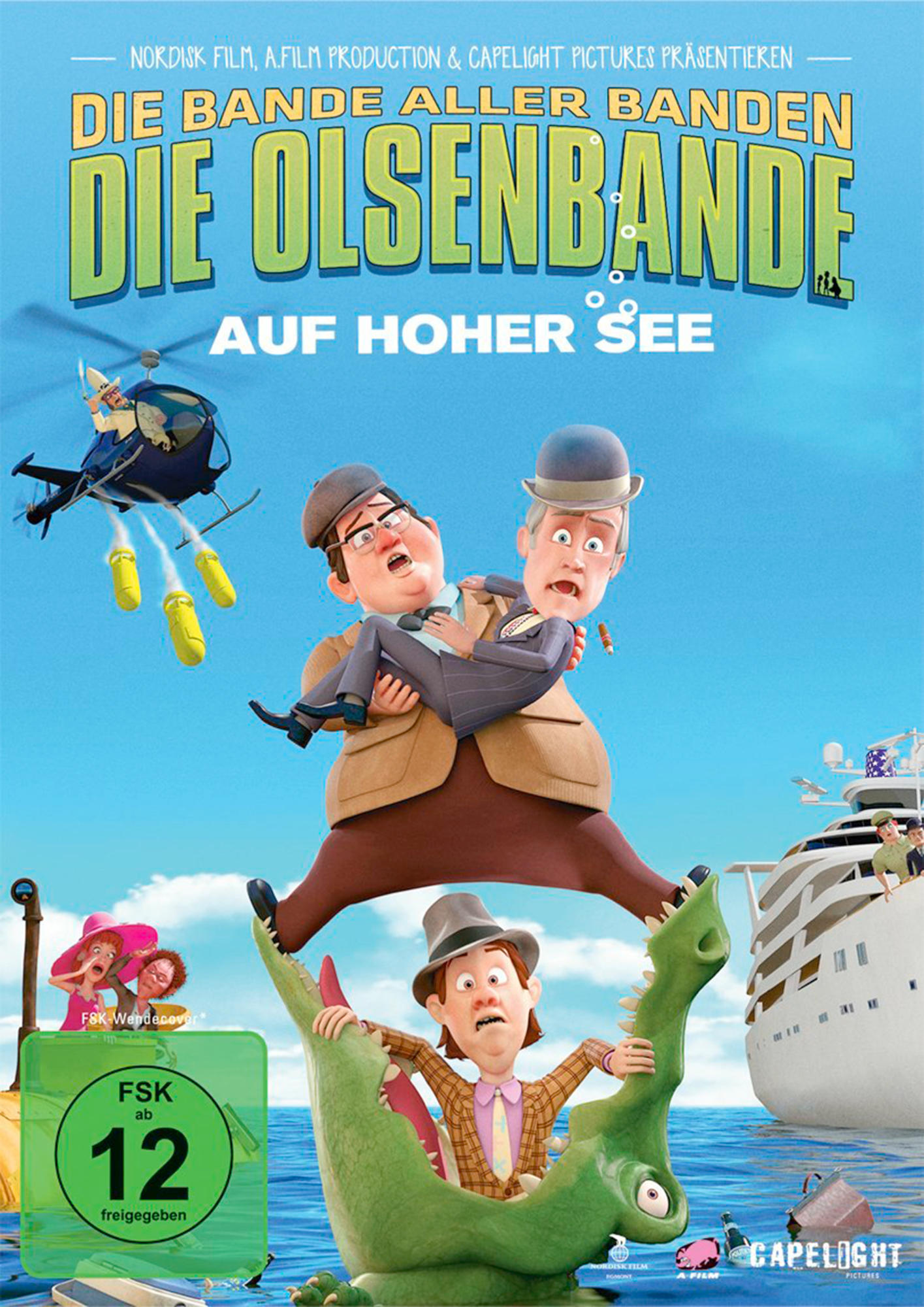 Ein Filmcover mit Cartoon-Charakteren und einem Boot auf dem Wasser mit dem Titel 'Die Olsenbande'.