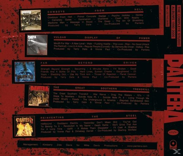 Album hátlapja a számok listájával és más Pantera albumok borítóival. Piros háttér.