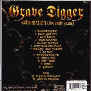 Albumcover mit Titelliste. Dunkler Hintergrund mit dem Text 'Grave Digger' und Albumtitel.