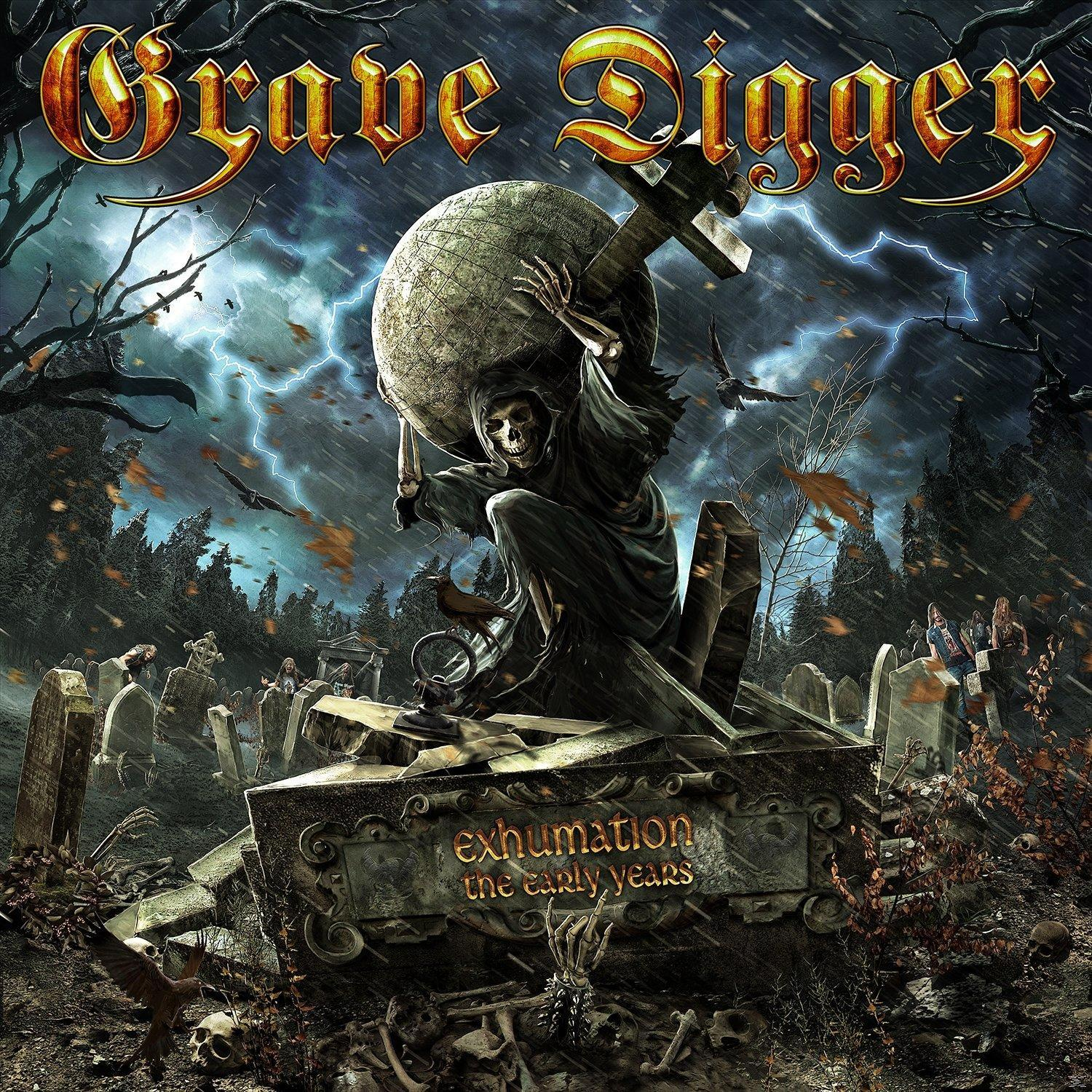 Albumcover: Skelett hält Globus, Grabsteine, Blitze. Titel 'Grave Digger - Exhumation'.
