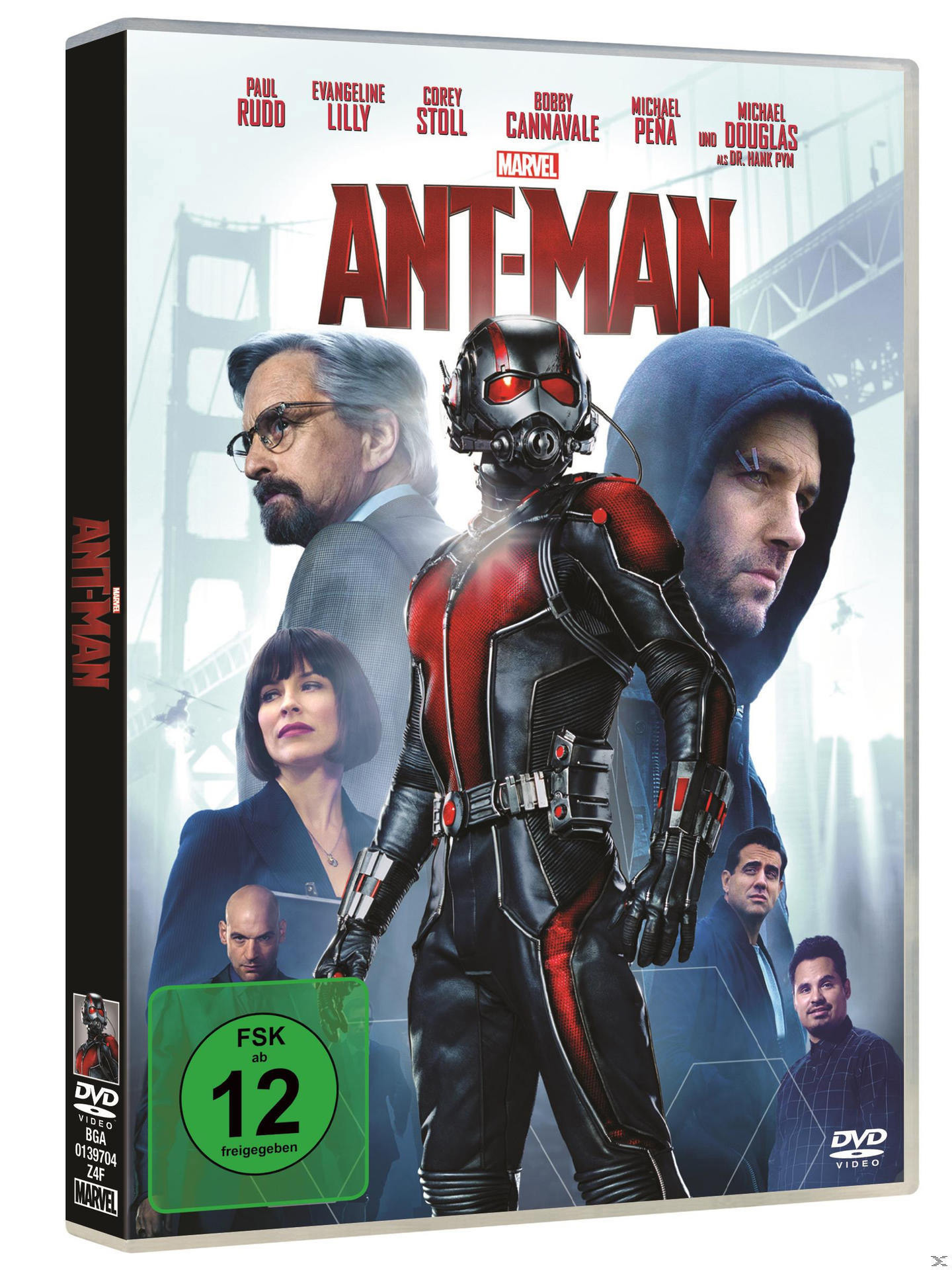 Ant-Man DVD-Cover mit Schauspielern wie Paul Rudd. Rotes und schwarzes Farbschema.