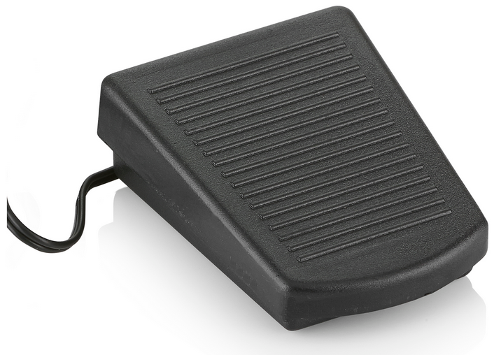Black sewing machine foot pedal with a grooved surface and a black cable.