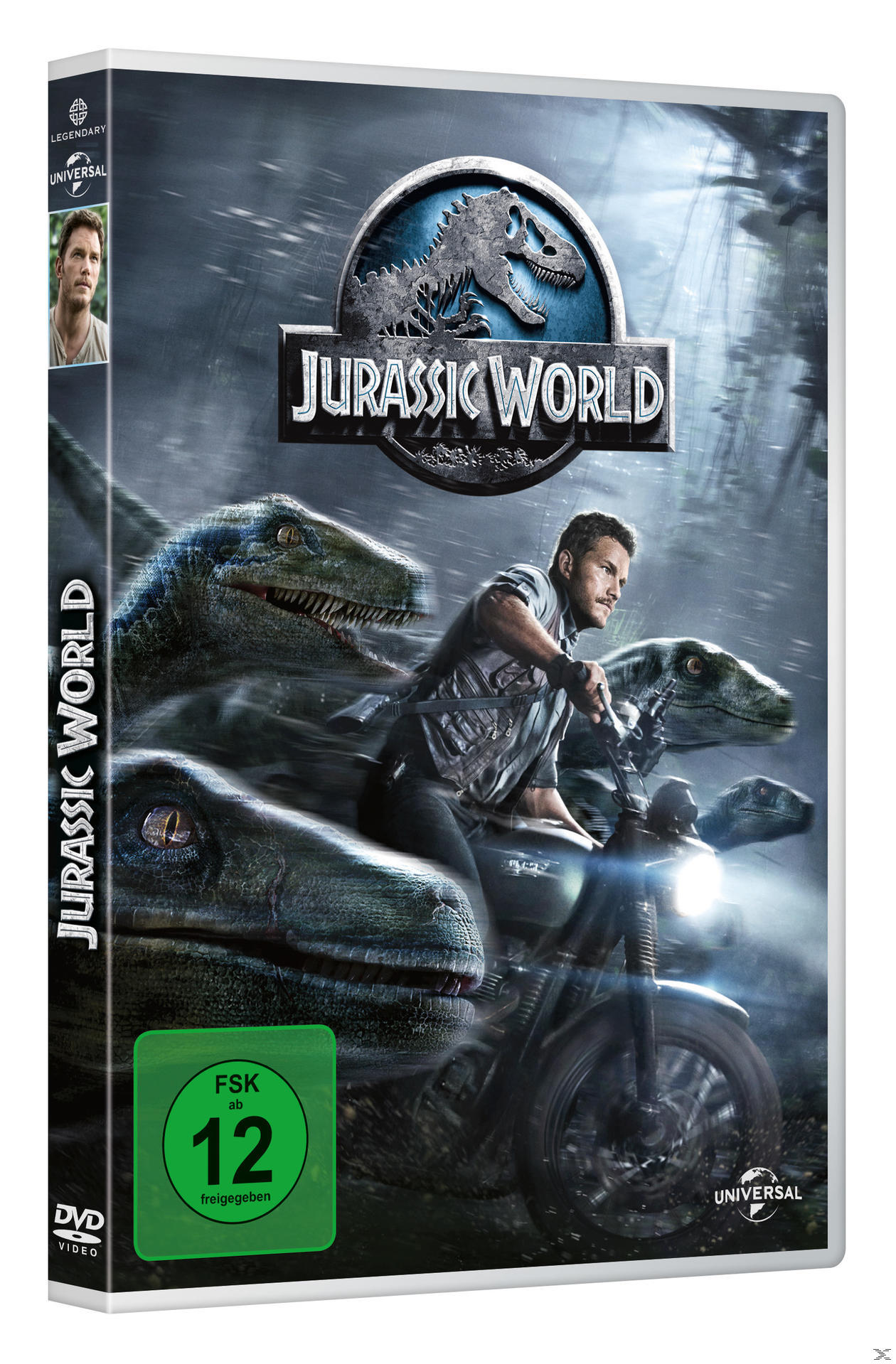 Jurassic World DVD-Cover mit einem Mann auf einem Motorrad, der von Velociraptoren verfolgt wird.