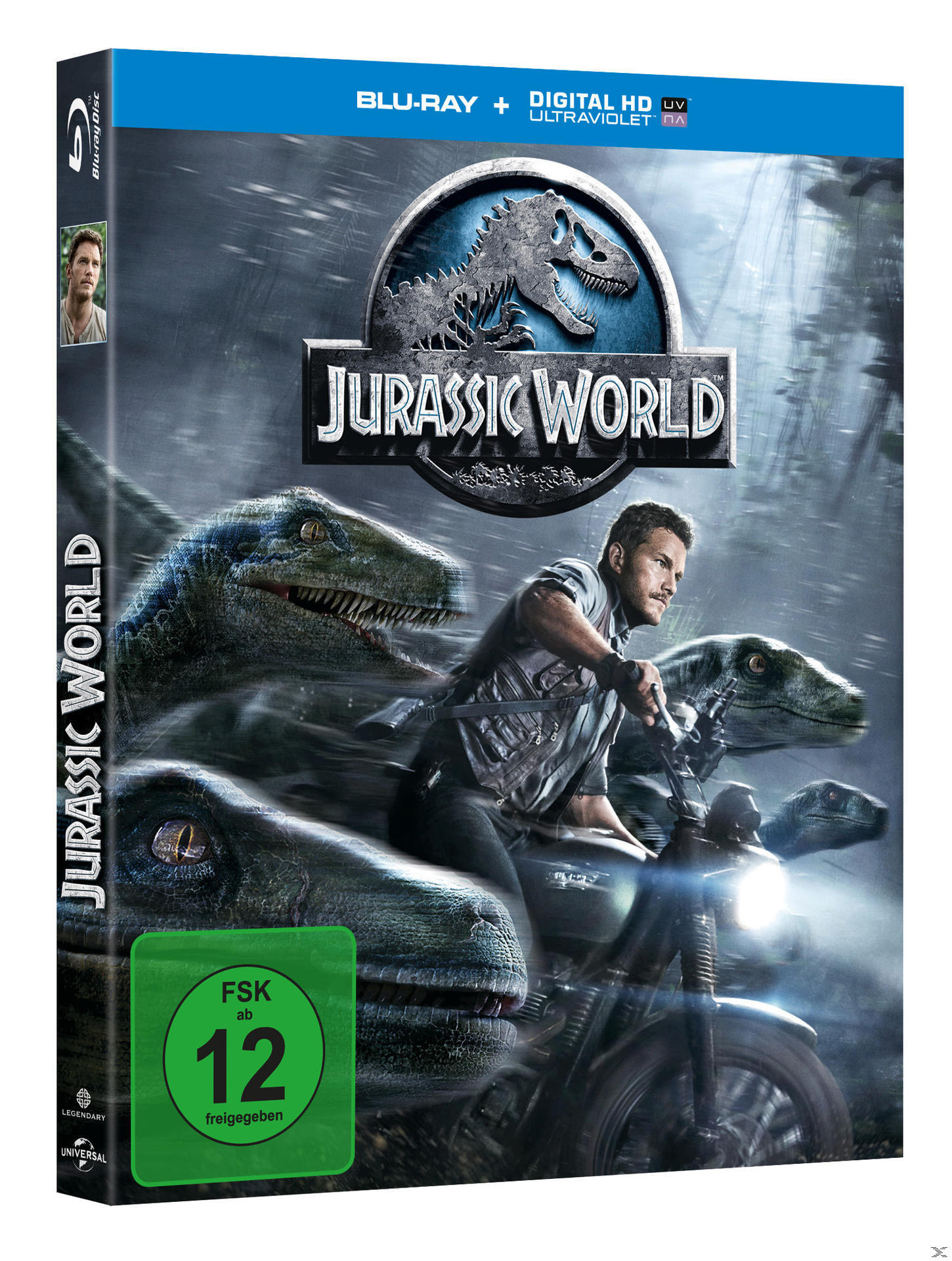 Jurassic World Blu-ray-Cover. Mann auf Motorrad mit Dinosauriern. Grüne und blaue Farben. Grauer Hintergrund.