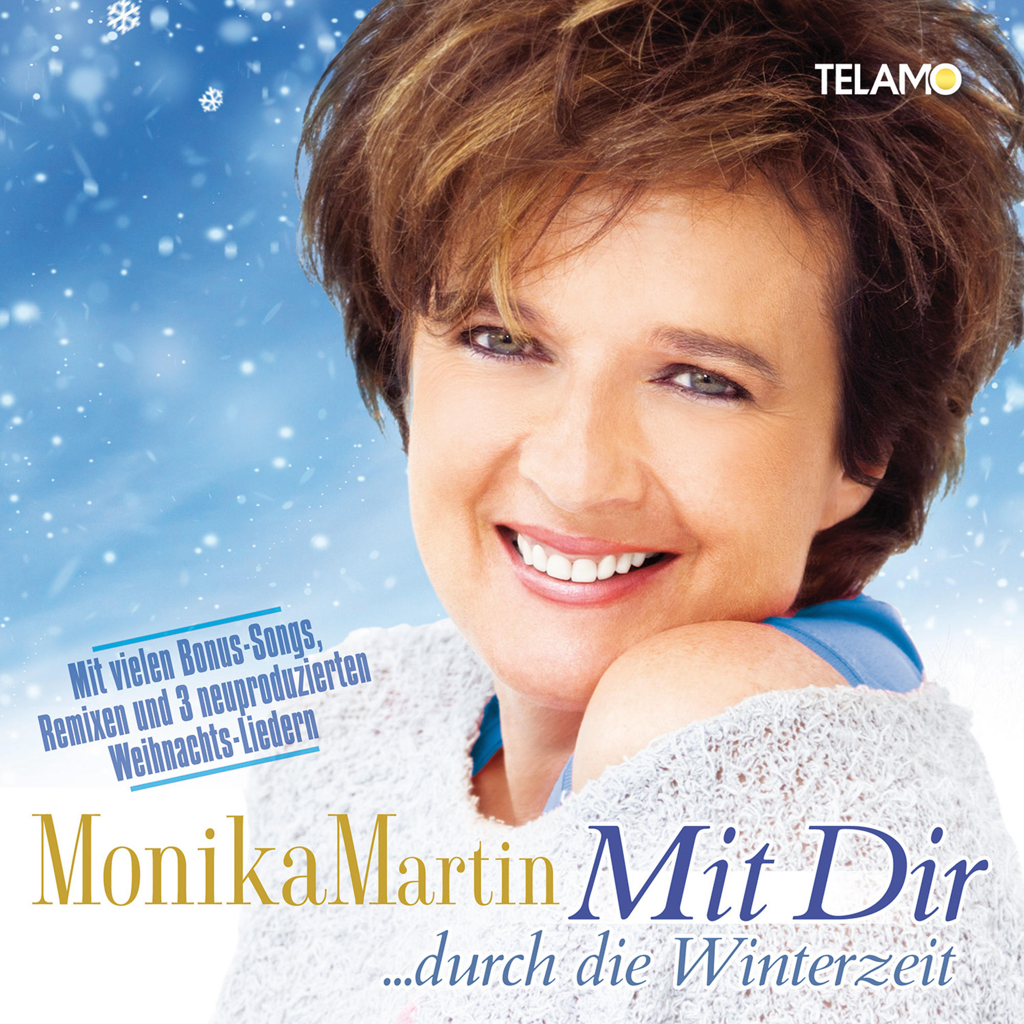 CD-Cover von Monika Martin, eine lächelnde Frau mit Schneefall, Text 'Mit Dir...durch die Winterzeit'.