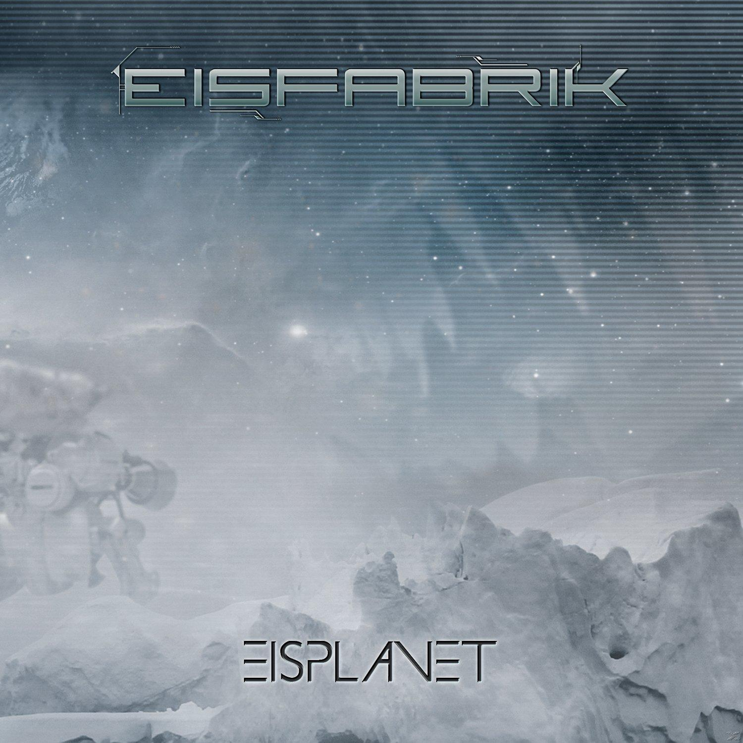 Albumcover: Eisfabrik, verschneite Landschaft, Roboterfigur, Titel 'Eisplanet'. Blau und Weiß.