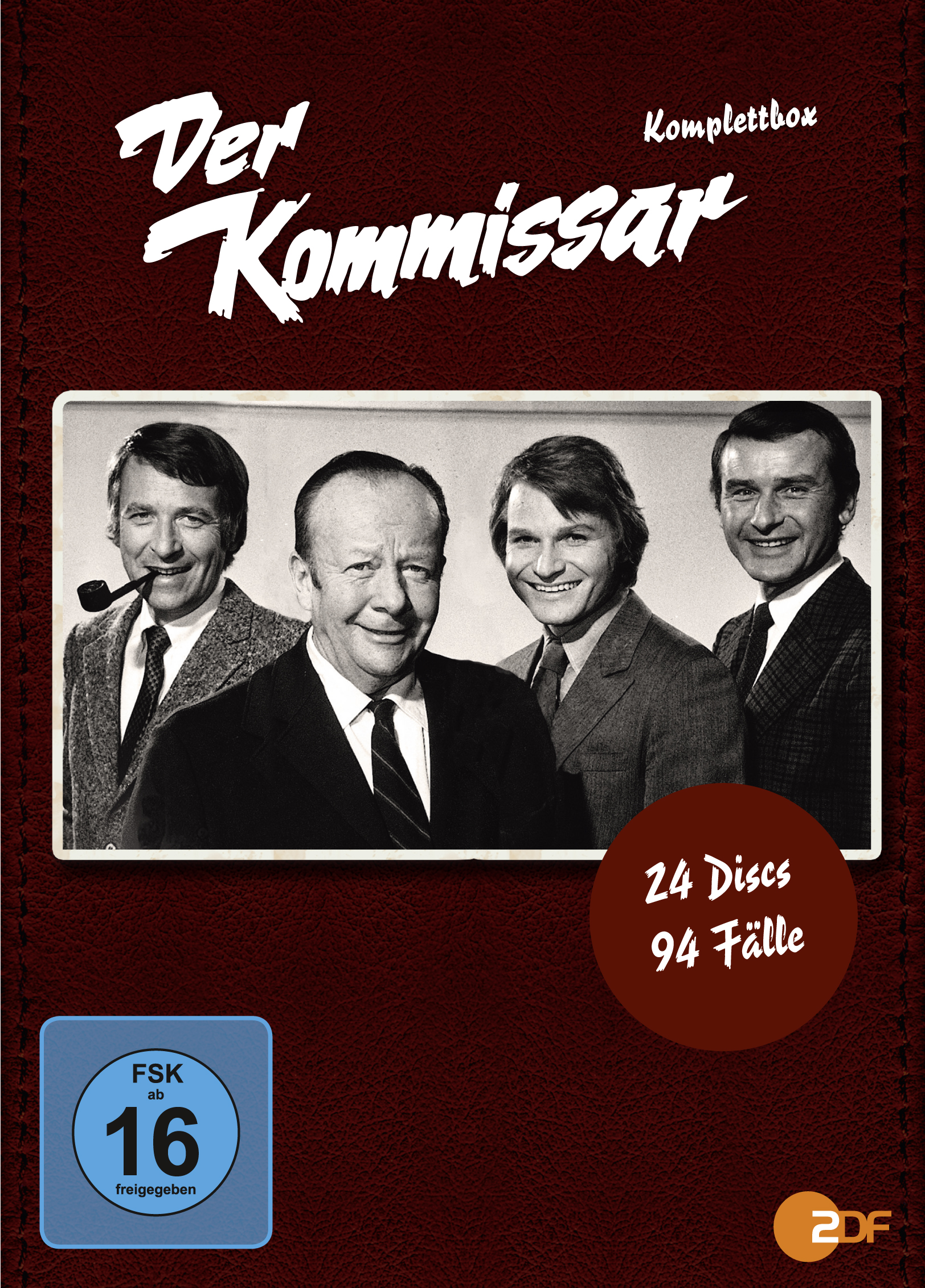 DVD-Box-Set mit vier Männern in Schwarzweiß, mit 'Der Kommissar'-Titel und 24 Discs/94 Episoden.