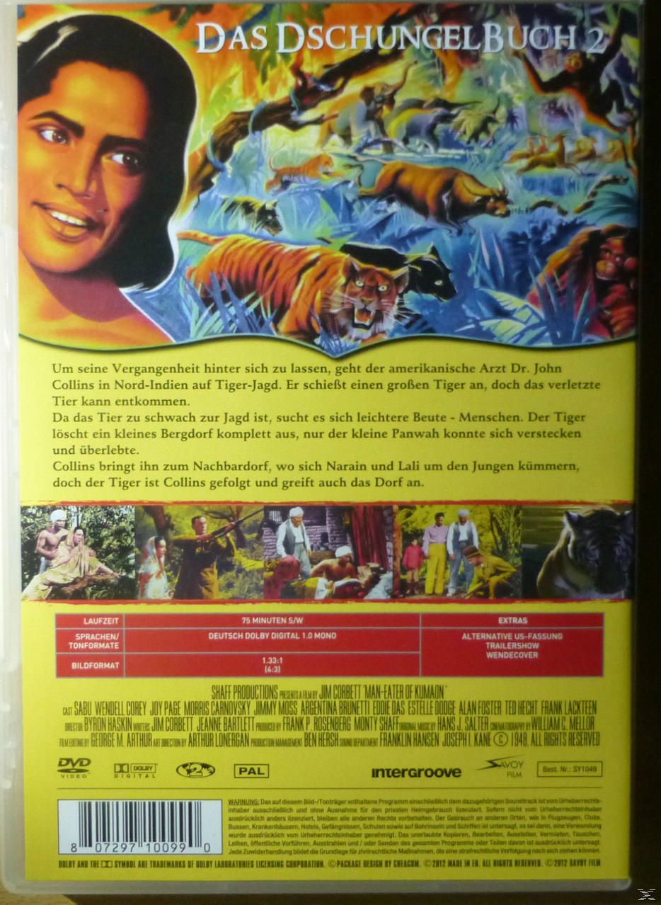 DVD-Cover. Titel: Das Dschungelbuch 2. Bild einer Frau und Tiere. Text auf Deutsch.