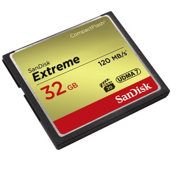 Een SanDisk Extreme CompactFlash-kaart met tekst en logo op een witte achtergrond.