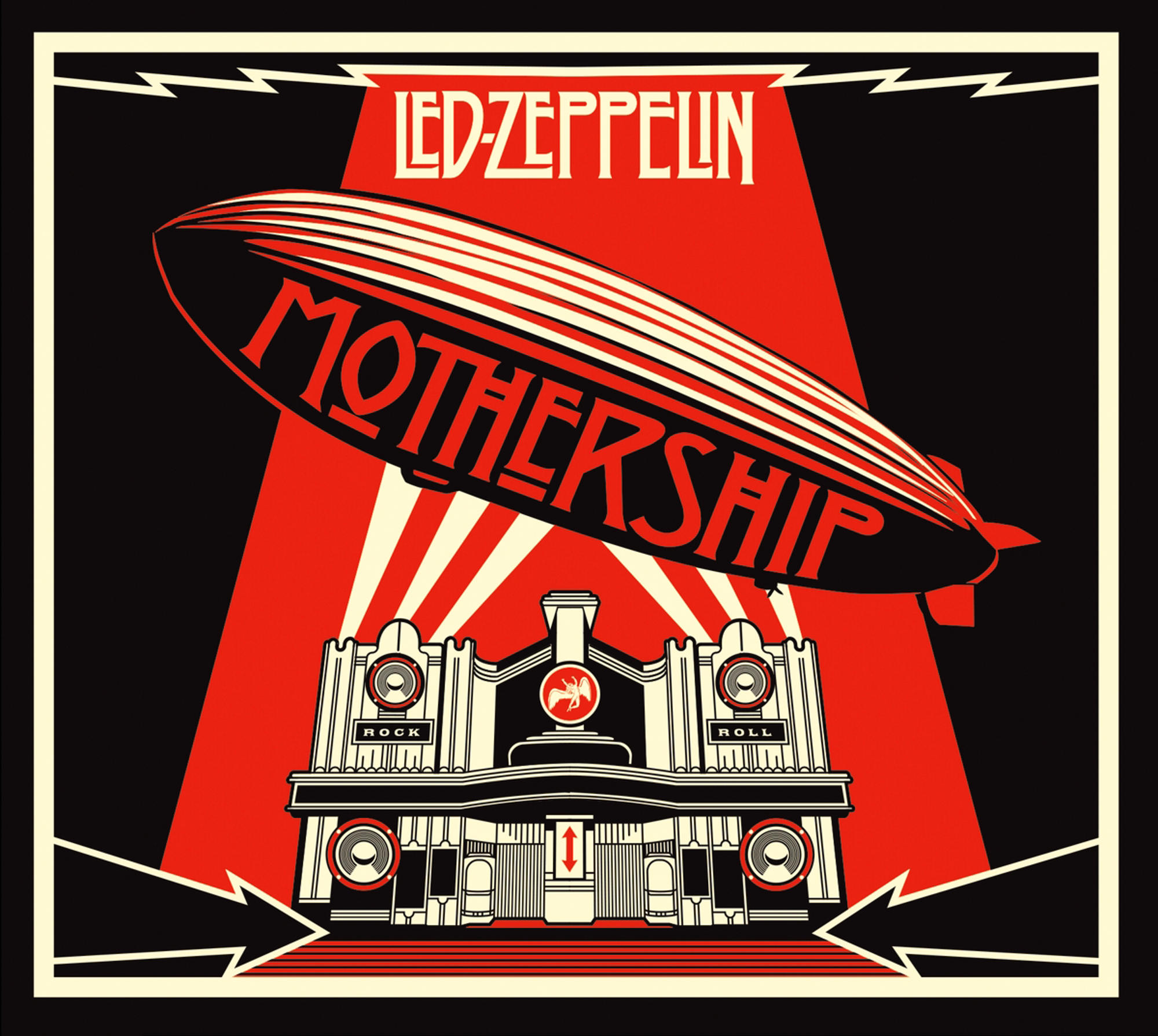 Led Zeppelins Mothership-Albumcover. Rotes, schwarzes und weißes Design mit Zeppelin und Gebäude.
