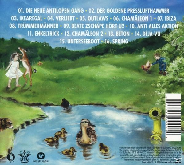 CD-Rückseite: Eine grüne Landschaft mit Kindern, Tieren und Songtiteln.