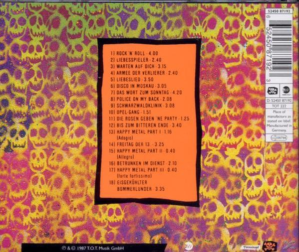 CD-Rückseite: Ein Totenkopfmuster, eine orangefarbene Textbox mit Songtiteln.