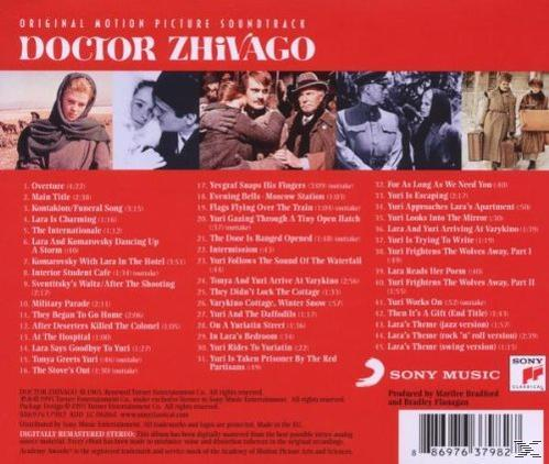 A Doktor Zsivágó filmzene borítója. Piros háttér filmképekkel és a számok listájával.