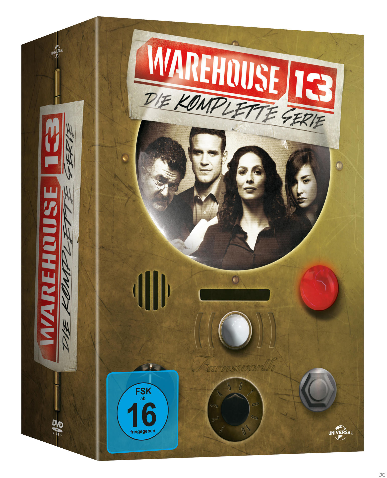 Warehouse 13 DVD-Box-Set. Eine braune Box mit einem Bild der Besetzung und Text auf Deutsch.