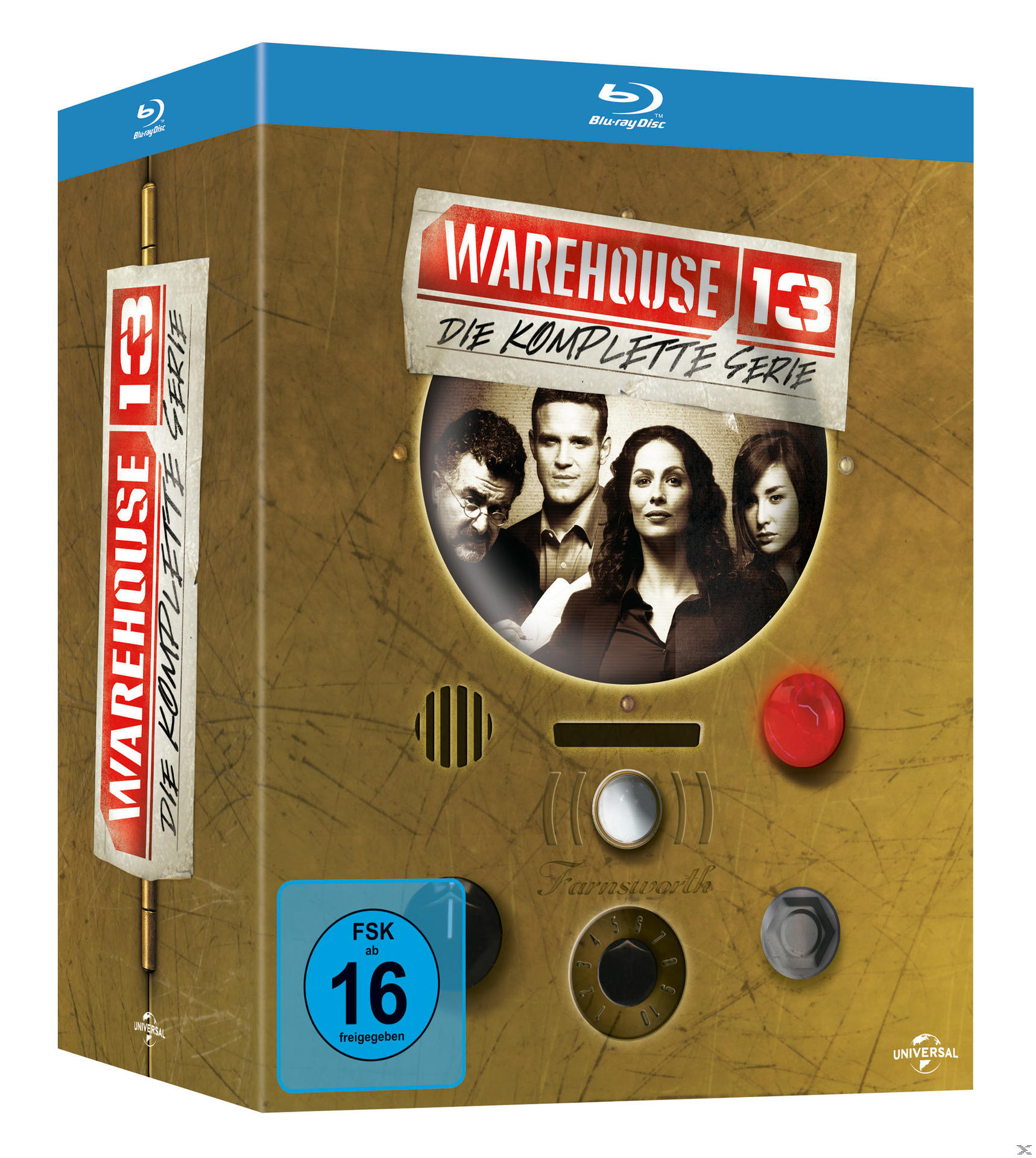 Warehouse 13 Box-Set mit Schauspielern auf dem Cover und einer blauen Blu-ray-Disc.