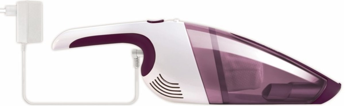 Un aspirateur à main blanc et violet est branché sur son chargeur sur fond blanc.
