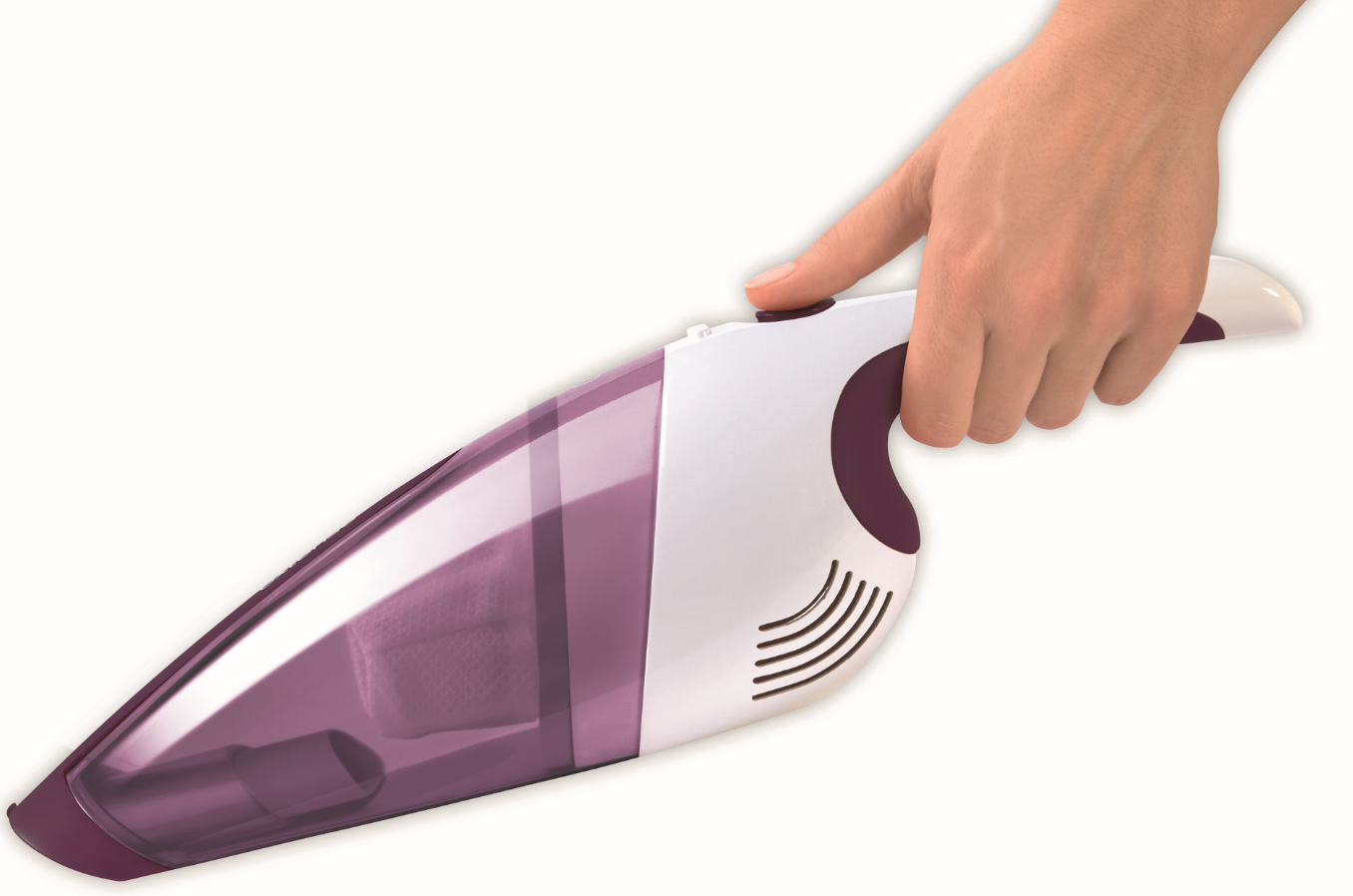 Une main tenant un aspirateur à main, blanc et violet, sur fond blanc.