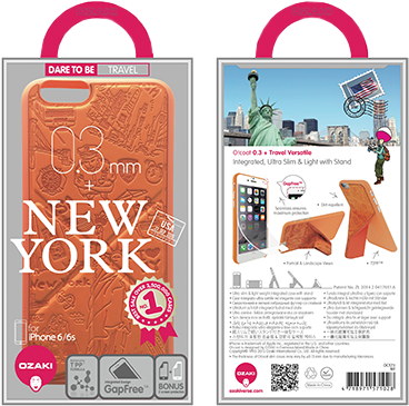 Termékcsomagolás: narancssárga telefontok New York-i nevezetességekkel.