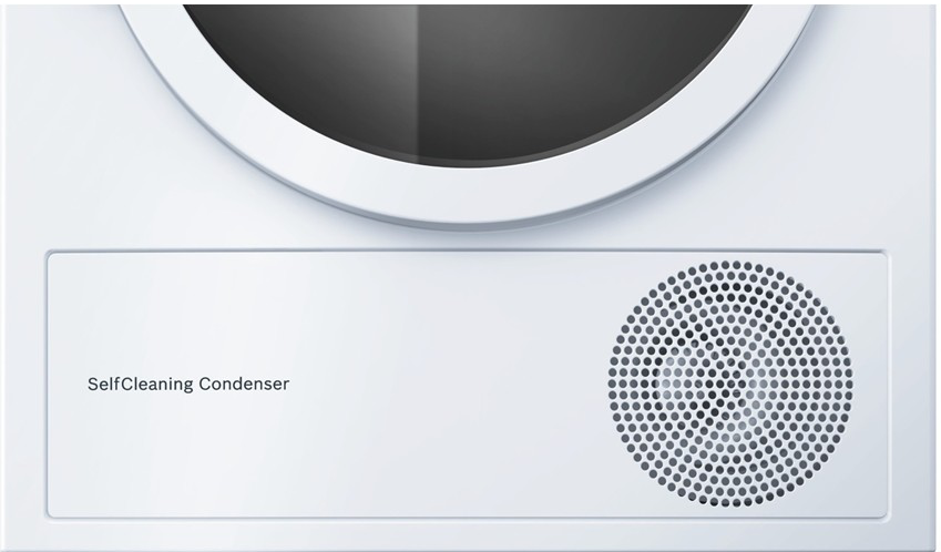 Egy fehér szárító közeli képe fekete-ezüst szellőzővel. A szöveg: 'SelfCleaning Condenser'.