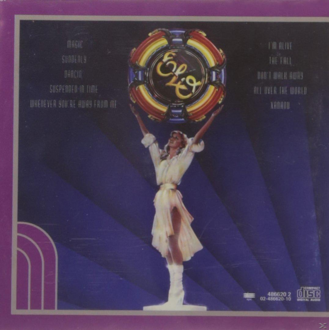 Albumcover mit einer Frau, die ihre Arme hebt, umgeben vom ELO-Logo und Songtiteln.