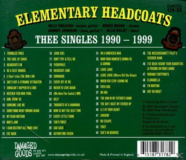 Albumcover mit grünem Hintergrund und einer Liste von Songs. Der Text oben lautet "Elementary Headcoats".