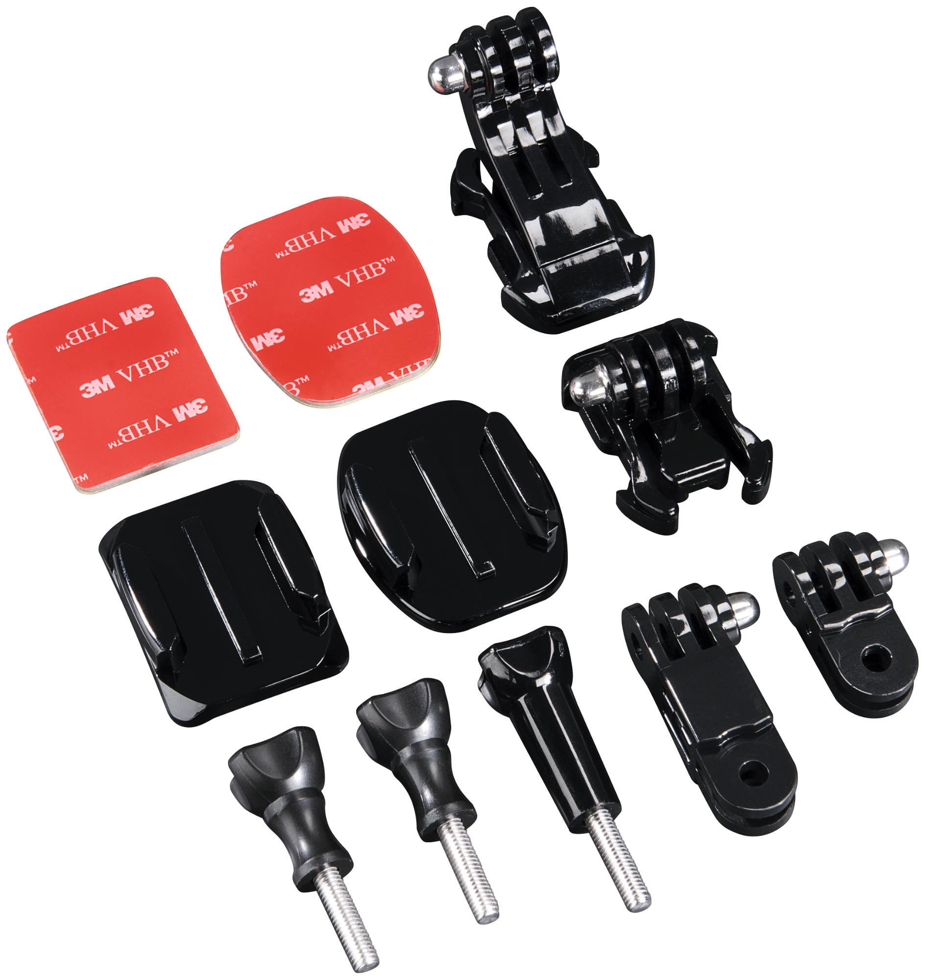 Divers accessoires de caméra GoPro noirs sur fond blanc.
