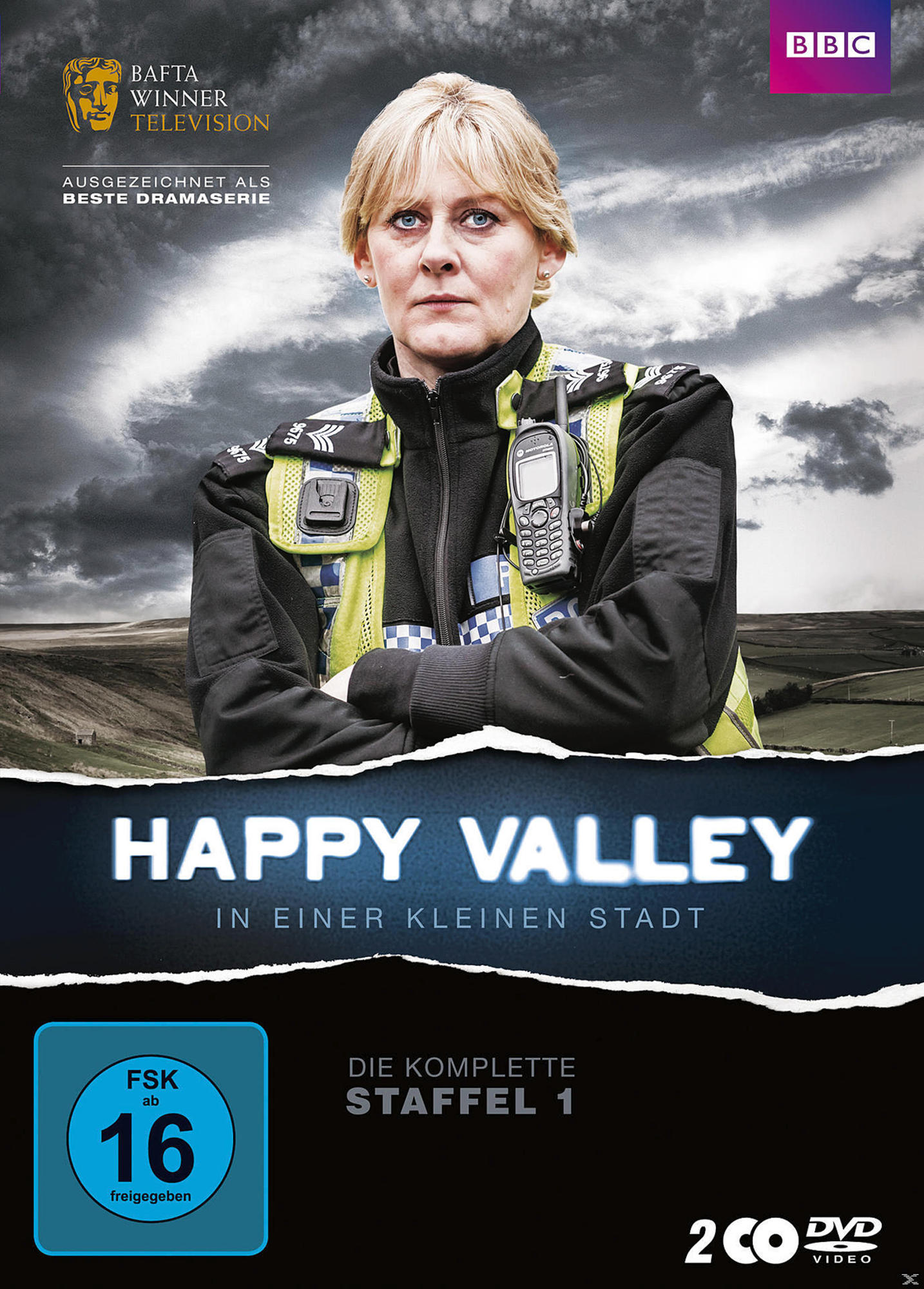 DVD-Cover für Happy Valley, mit einer Frau in Uniform und dem Serientitel.