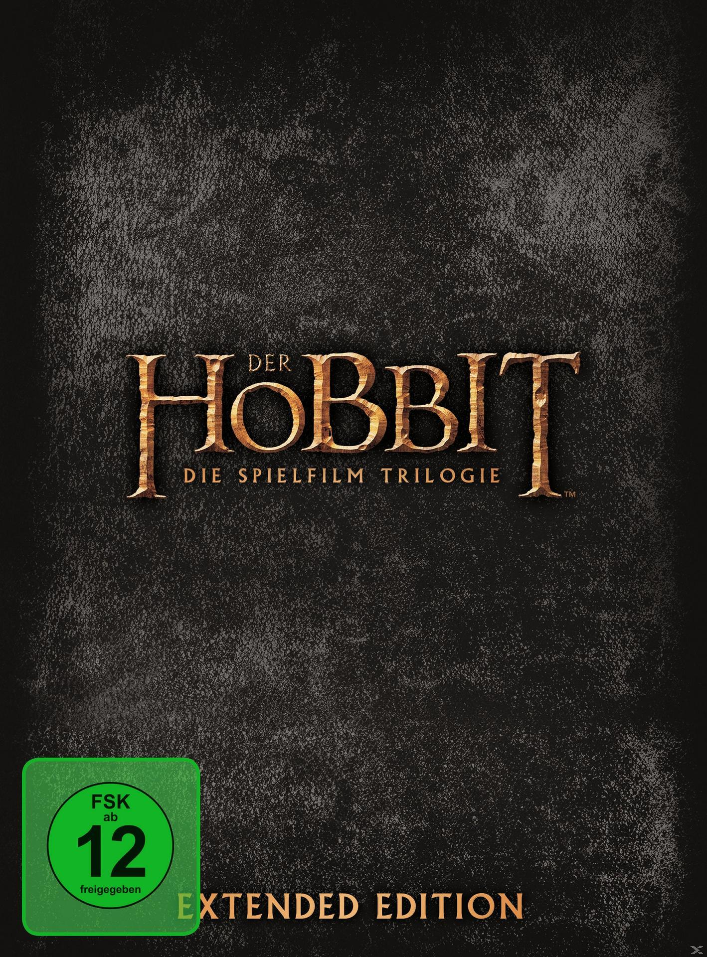 Hobbit DVD-Cover. Goldener Text auf dunklem, strukturiertem Hintergrund. Grüner Aufkleber mit Altersfreigabe 12.