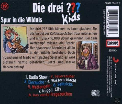 Rückseite einer 'Die drei ??? Kids'-CD mit Cartoon-Illustrationen und Text.