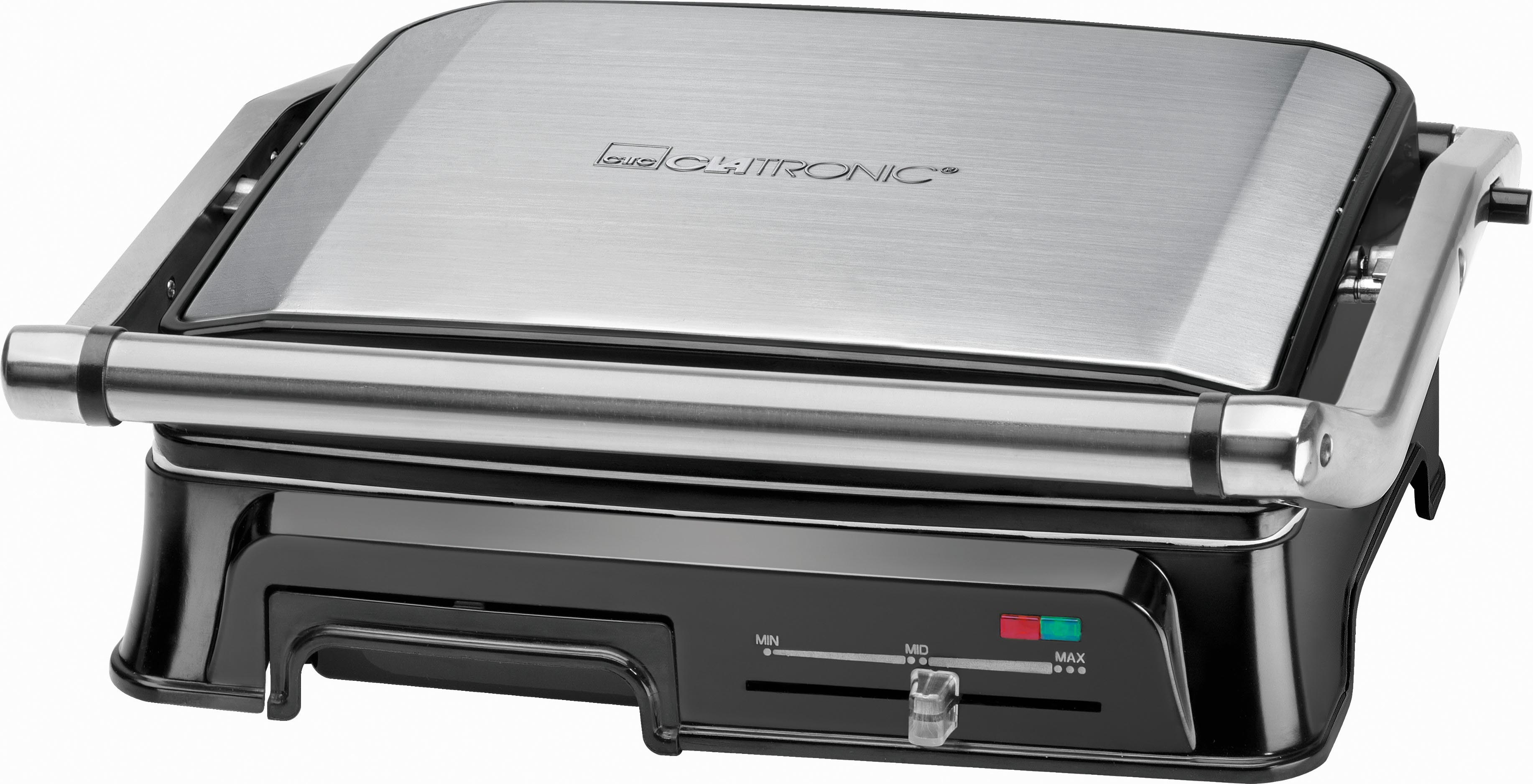Silberner und schwarzer Grill mit Temperaturreglern, mittlere und maximale Einstellungen sichtbar.