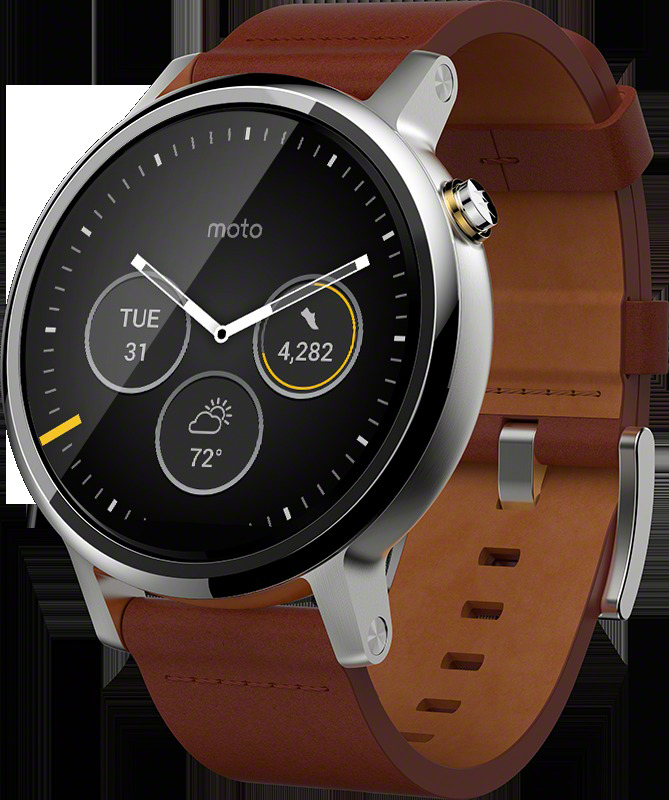 MOTOROLA Moto 360 (2. Gen.) 46 mm Smart Watch Edelstahlgehäuse mit Horween-Lederarmband, Silber/Cognac