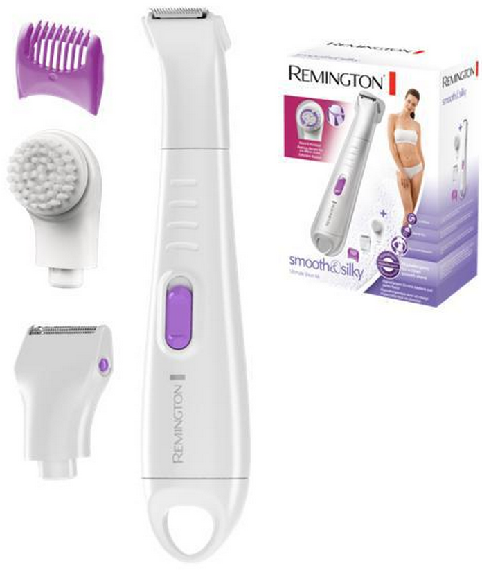 Remington smooth & silky epilator set. White and purple. Several attachments. White background. Packaging.