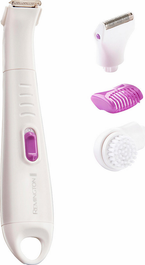White Remington epilator with attachments. White body with pink button and three attachments.