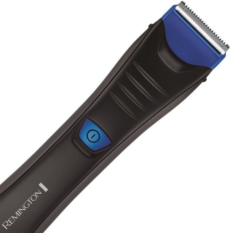 Gros plan sur une tondeuse Remington noire et bleue.