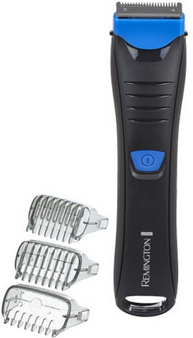 Tondeuse corporelle noire et bleue avec 3 accessoires, fond blanc. Marque Remington.