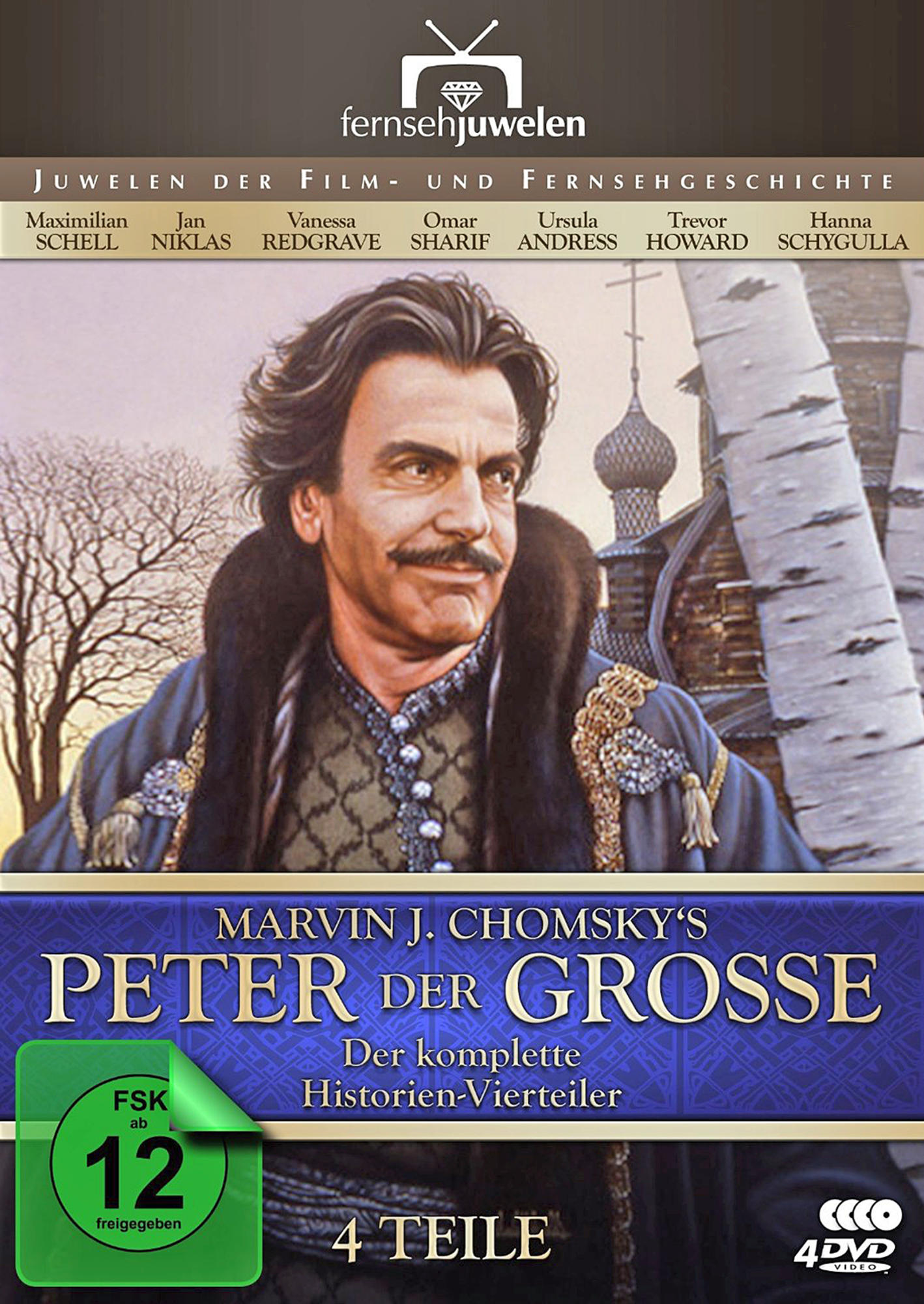 DVD-Cover mit einem Porträt eines Mannes. Titel ist 'Peter der Grosse'. Der Hintergrund ist eine Kirche.