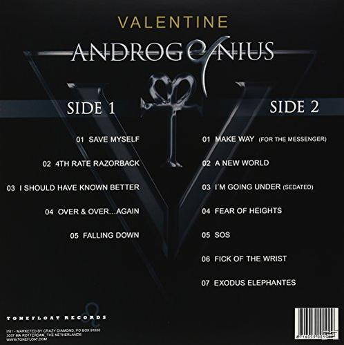 A VALENTINE "ANDROGENIUS" albumának hátlapja, 1. és 2. oldal számlistákkal.