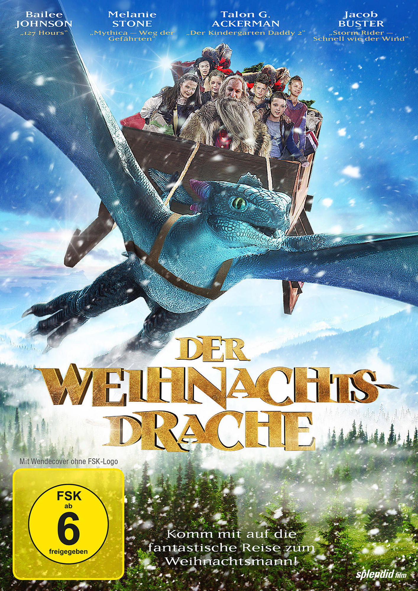 DVD-Cover für "Der Weihnachtsdrahe". Ein Drache, eine Gruppe von Kindern und Schnee.