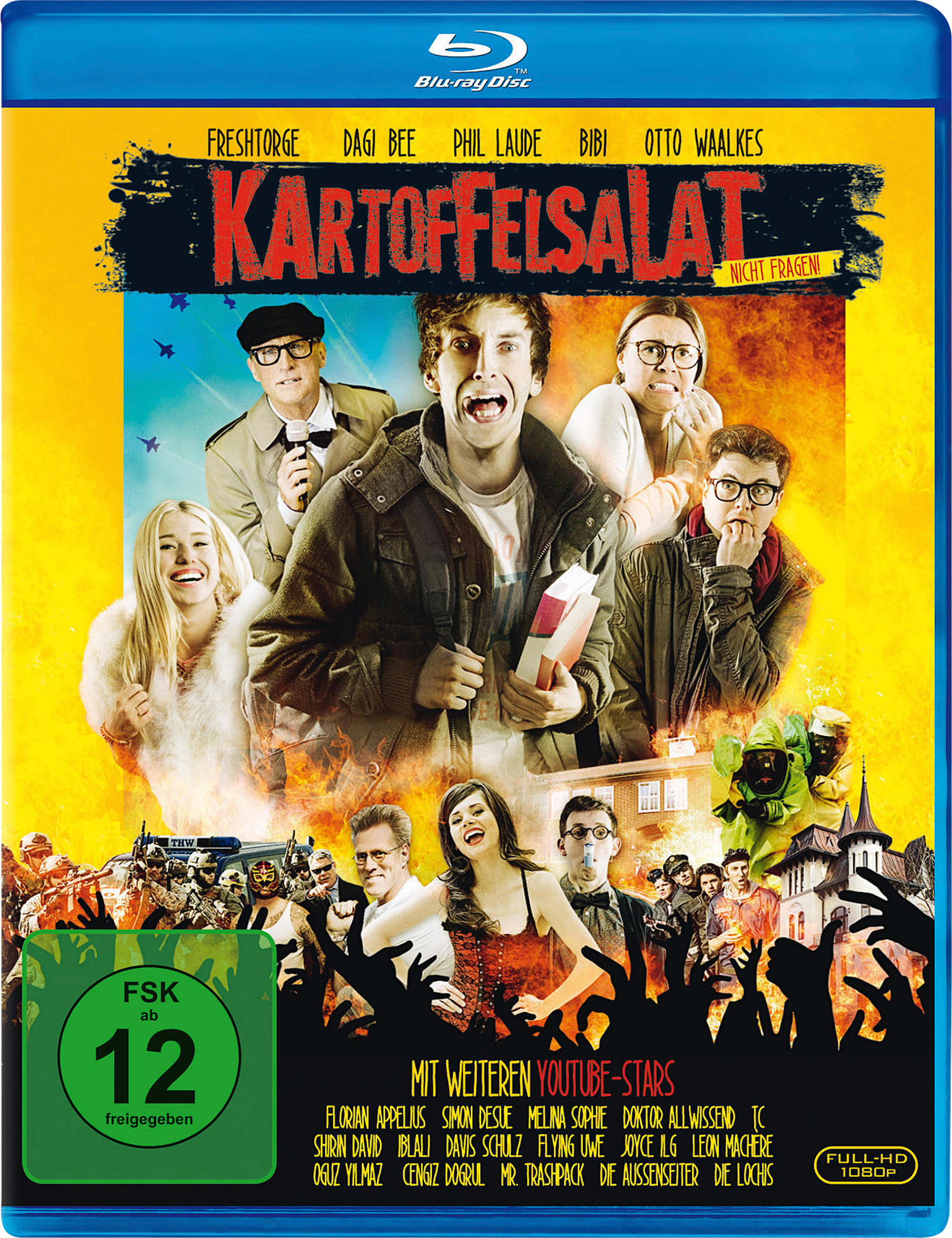 DVD-Cover: 'Kartoffelsalat'. Gruppe von Leuten mit lustigen Gesichtern. Zombie-Thema.