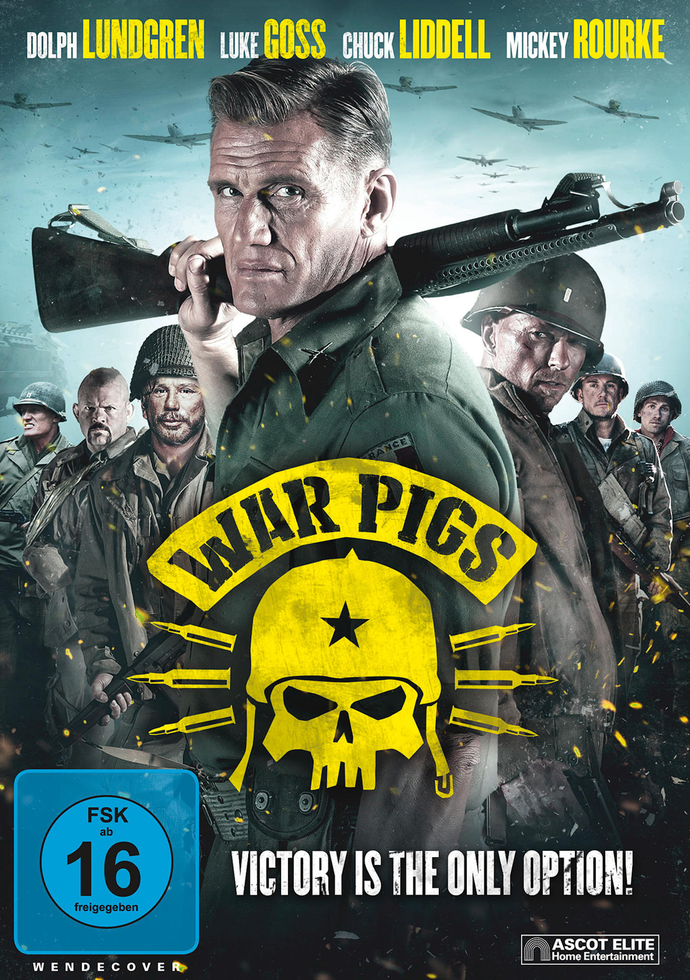 Filmcover: 'War Pigs'. Dolph Lundgren, Luke Goss und andere. Soldaten, Totenkopf-Logo, Flugzeuge am Himmel.