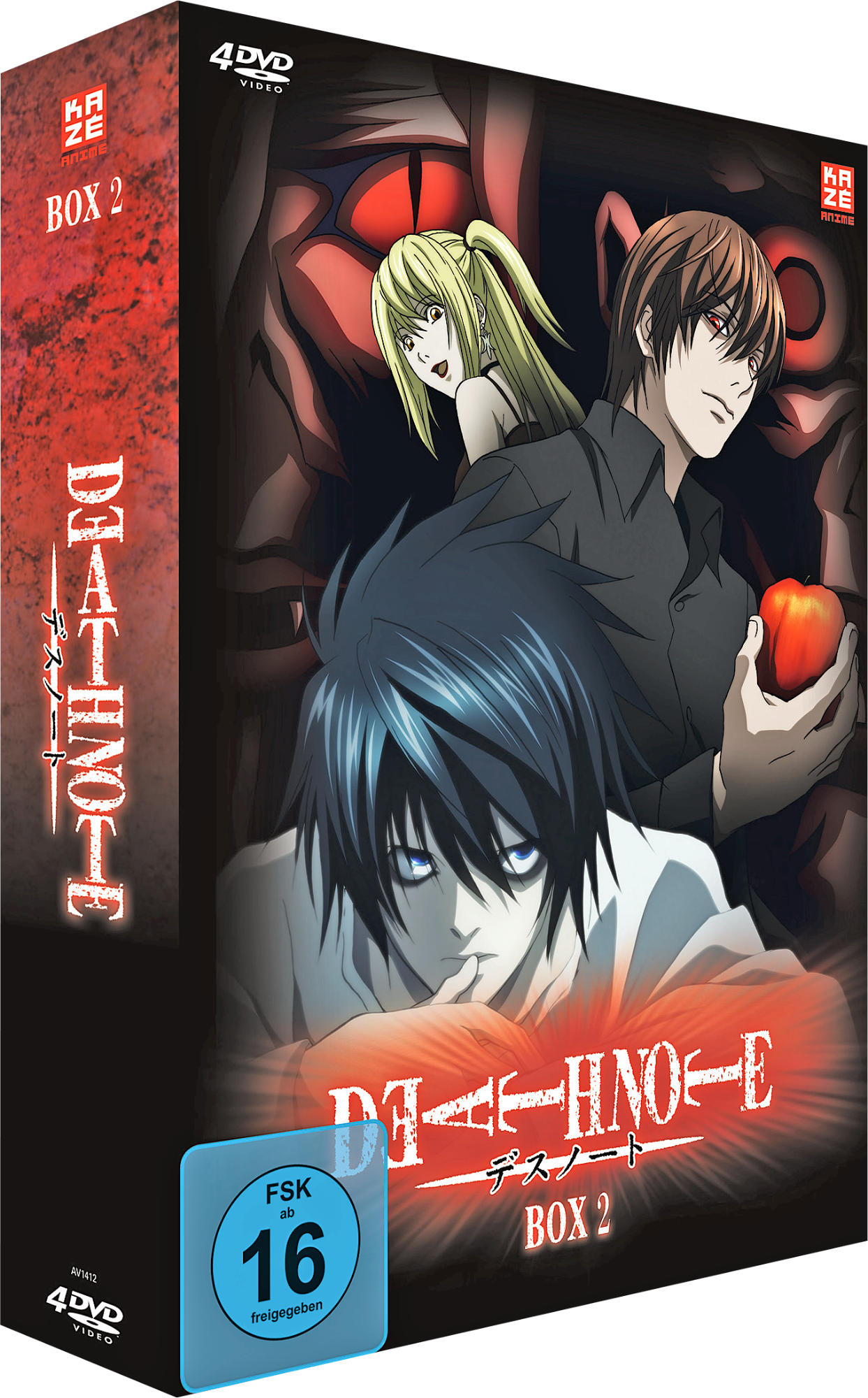 Death Note Box 2 DVD-Hülle mit Anime-Charakteren. L, Light und Misa Amane. Roter Apfel.