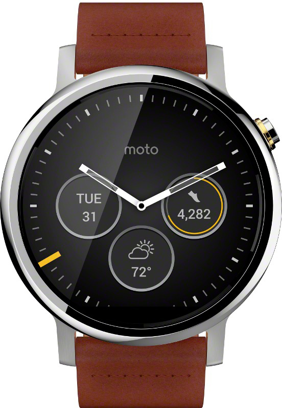 MOTOROLA Moto 360 (2. Gen.) 46 mm Smart Watch Edelstahlgehäuse mit Horween-Lederarmband, Silber/Cognac