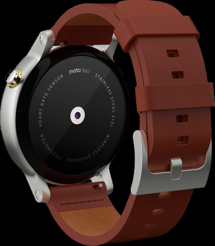 MOTOROLA Moto 360 (2. Gen.) 46 mm Smart Watch Edelstahlgehäuse mit Horween-Lederarmband, Silber/Cognac