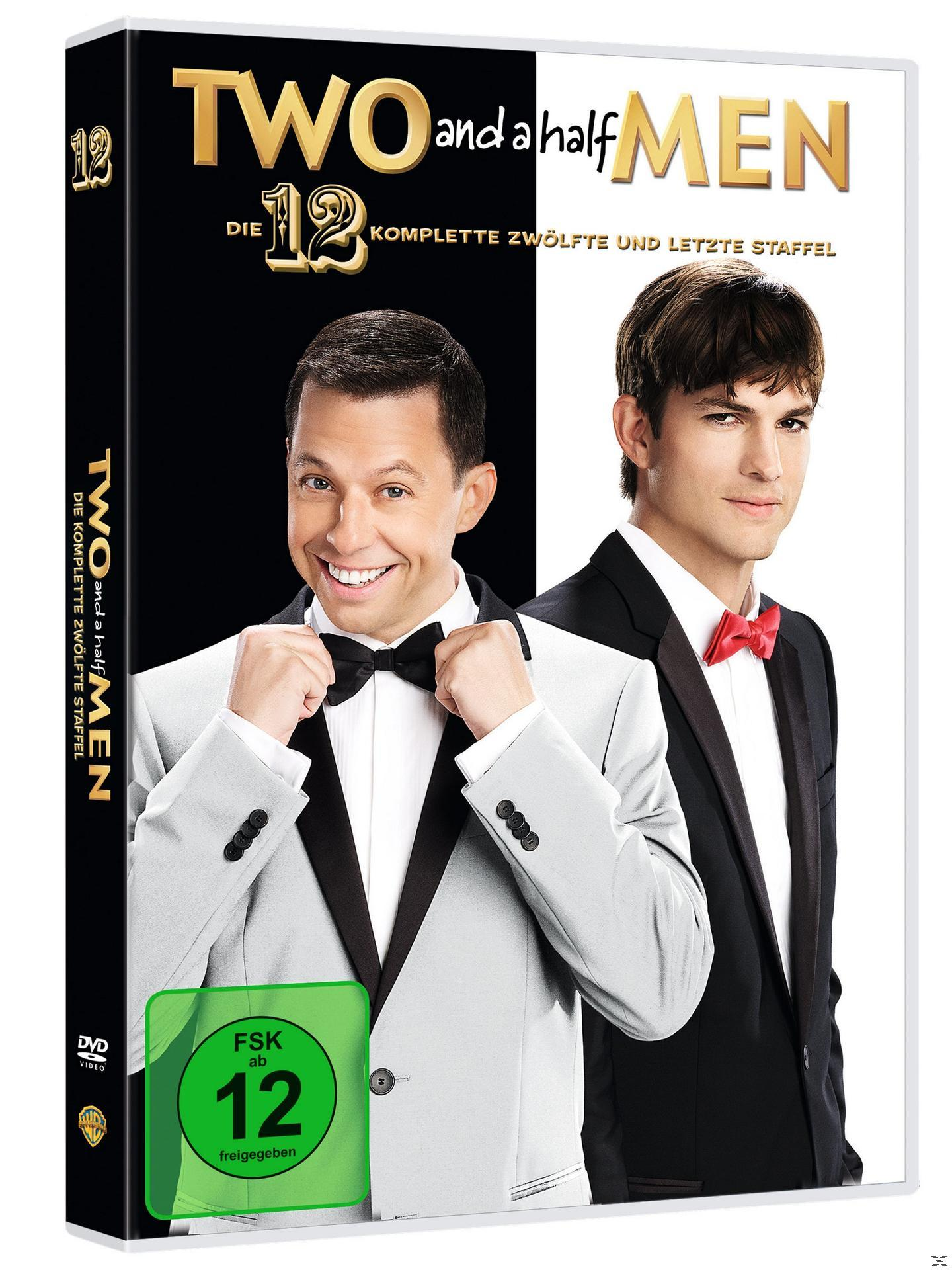 DVD-Hülle mit zwei Männern in Smokings. Text: Two and a Half Men, Staffel 12. Hintergrund ist schwarz und weiß.