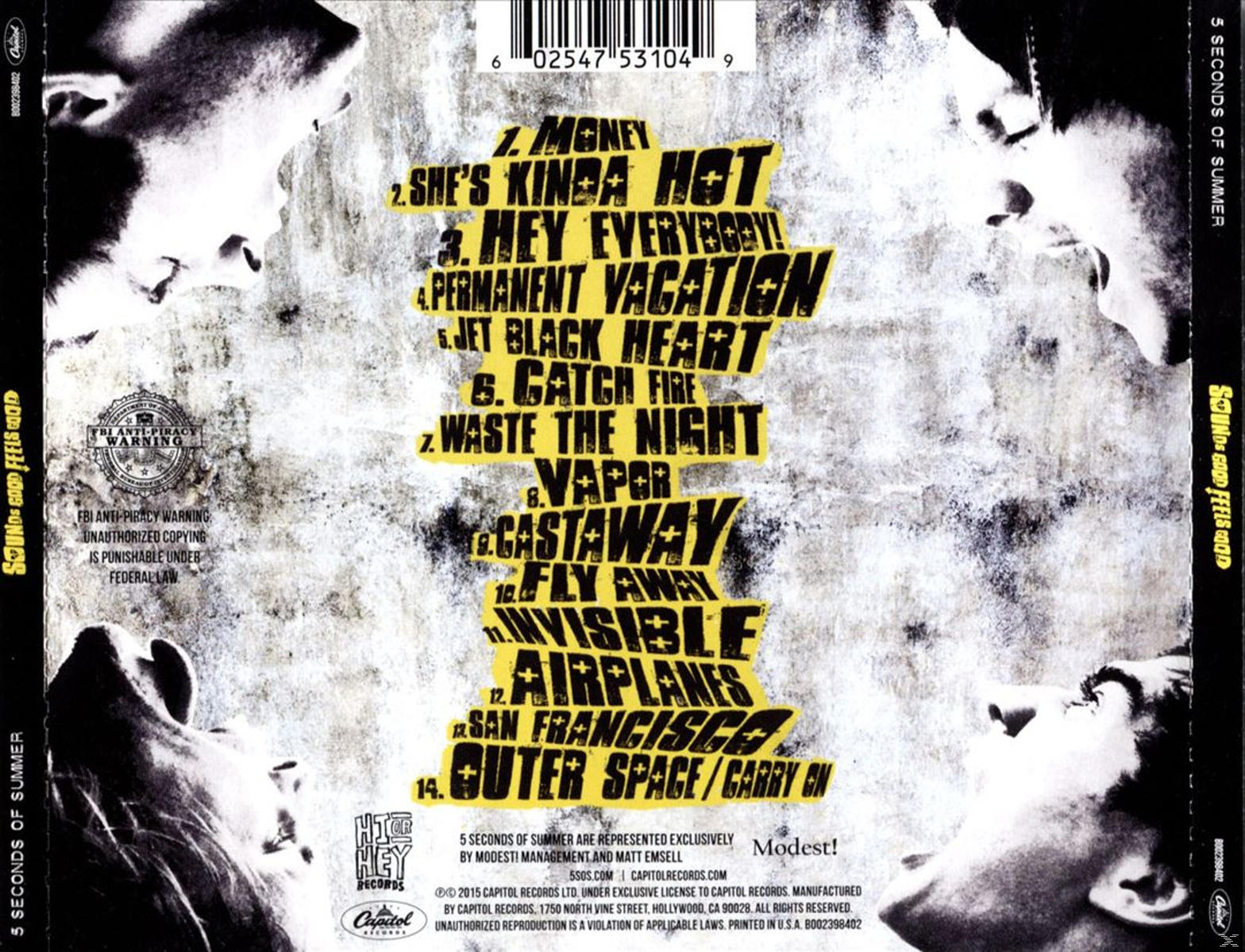 Album-Rückseite, 5 Seconds of Summer, Trackliste, Gesichter, Text auf Grunge-Hintergrund.