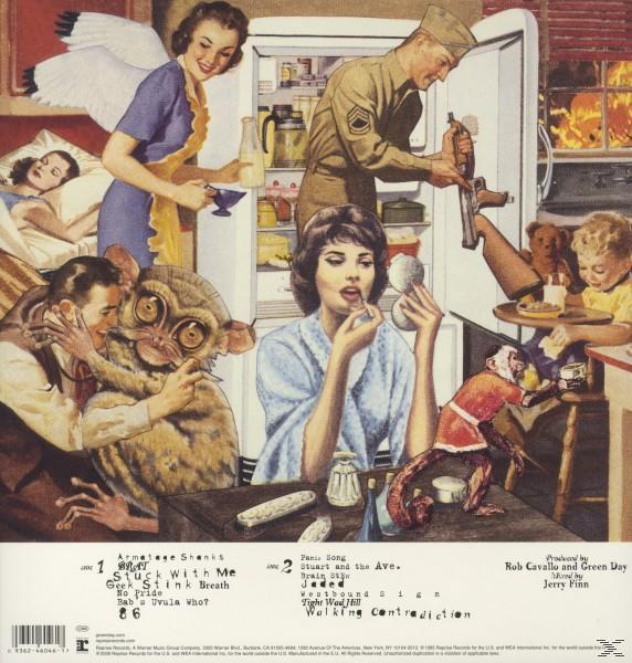 Albumcover mit Retro-Illustration einer Familie in einer Küche und anderen Figuren.