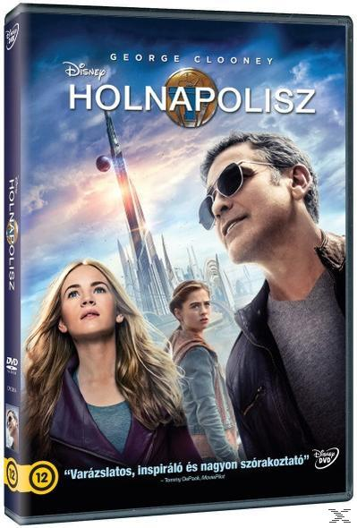 A Holnapopolisz DVD borítója. George Clooney és két másik felfelé néz. Kék égbolt háttér. Filmplakát.