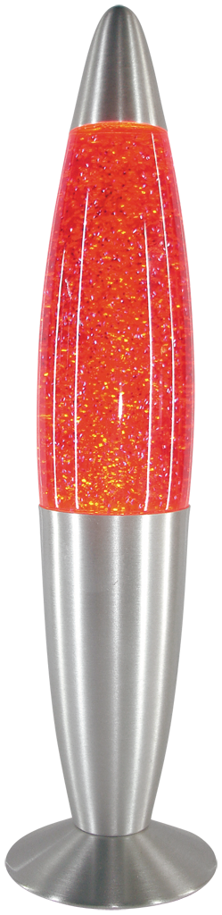 Egy lávalámpa ezüst alappal és tetővel. A benne lévő folyadék narancssárga és csillogó.