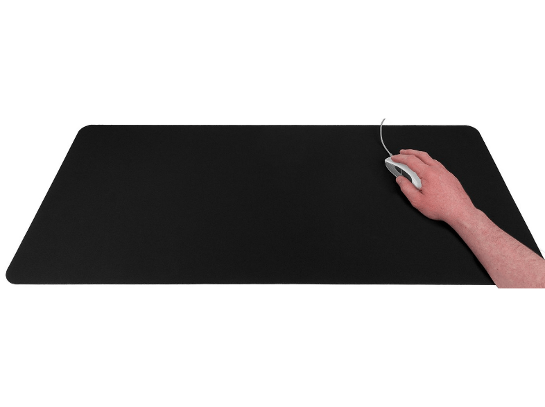 A hand using a white mouse on a black, large mouse pad.