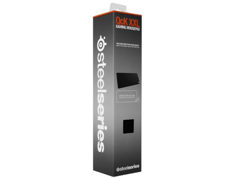 A black box for a gaming mousepad. The text on the box says QcK XXL Gaming Mousepad.